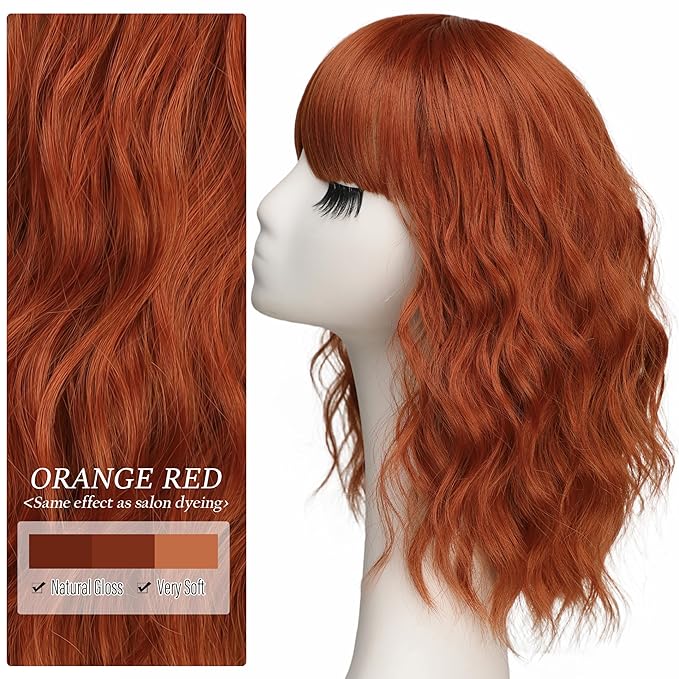 Nnzes Short Orange red Wavy Wig with Bangs for Women Shoulder Length Bob Curly Women's Charming Synthetic Wigs with Natural Wavy Wig Heat Resistant Hair for Daily Party Use