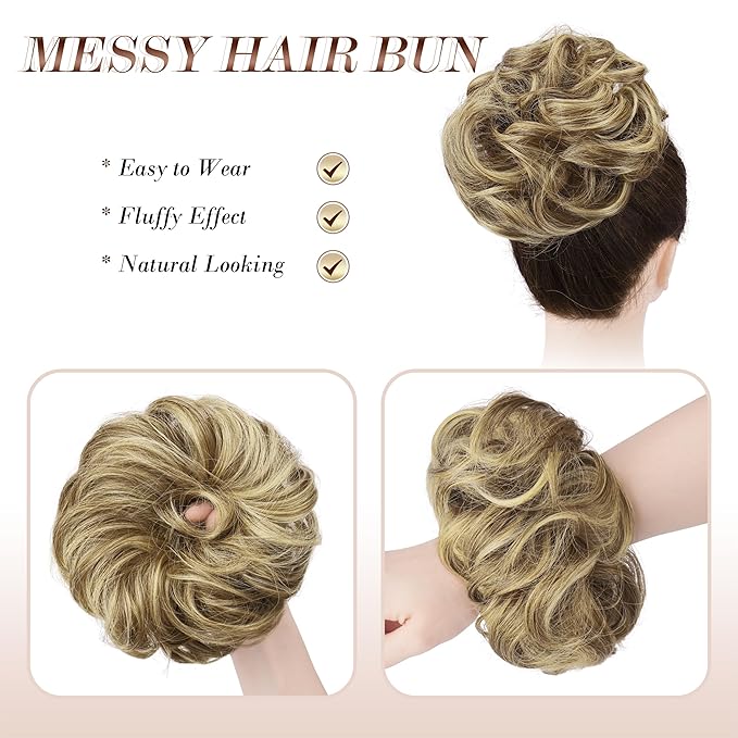 FESHFEN Messy Bun Hair Piece - Elastic Wavy Curly Hair Bun Scrunchies Extensions Synthetic Chignon Hairpieces for Women, Sand 1.5 oz