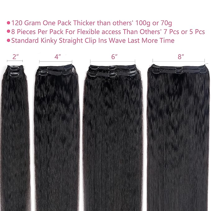 Kinky Straight Clip in Hair Extensions Real Human Hair Natural Black Clip ins for Women 24 Inch 120g 8pcs Seamless Kinky Straight Clip on Extensions Human Hair