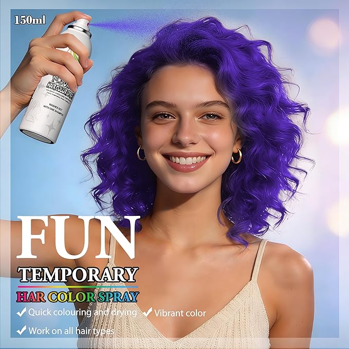 Temporary Hair Color Spray | 150ml Instant Hair Spray for Adults & Kids | Washable & Non-Sticky, Gentle Formula, Purple | Halloween, Cosplay, Costume Party, Festivals