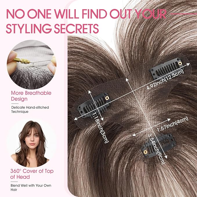 Hairro Human Hair Toppers with Wispy Bangs, 3D 360° Seamless Real Hair Toppers, Hand-Tied with 3.5"x4.7" T-shaped Base, Clip-In Hairpieces to Add Volume on Top, 11 Inch Dark Brown