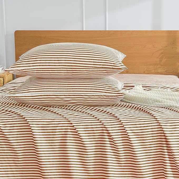 JELLYMONI 100% Natural Cotton Striped King Pillowcases Set, 2 Pack White and Rust Stripes Pattern Printed Pillow Covers with Envelope Closure(Pillows are not Included)