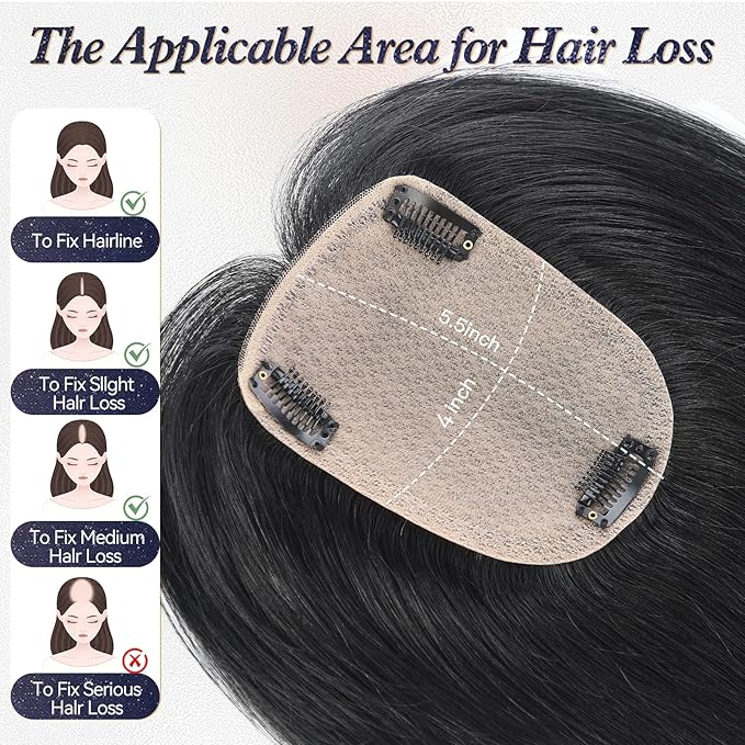 starluck Human Hair Toppers for Women Real Human Hair With Bangs 4 * 5.5 inch Base 12 inch SilkHug Hair Topper for Women Cover Grey Roots(Natural Black)