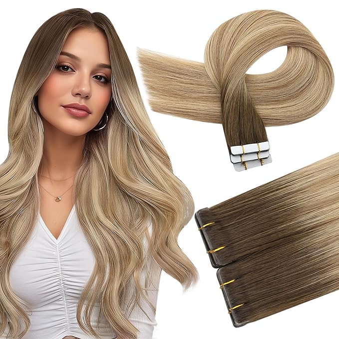 Full Shine Skin Weft Tape in Hair Extensions Human Hair Balayage Color 3/8/22 Insert Machine Remy Tape in Virgin Extensions 25Gram Injection Tape Ins Human Hair Extensions 10Pcs 20Inch