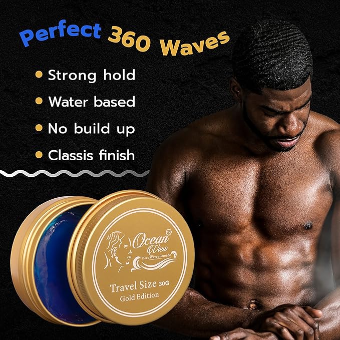 OCEAN VIEW DEEP WAVES POMADE, Gold Edition 360 Wave Grease for Men Moisturizes, Controls and Styles Black Hair – Water Based Wave Builder Pomade for Men Tames Your Crown During Wolfing (30 grams)