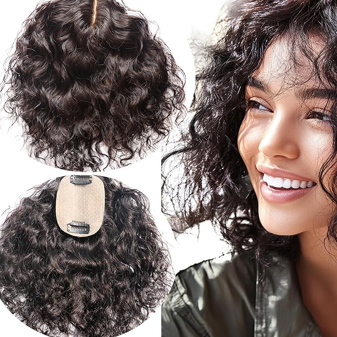 Curly Hair Toppers for Women, Real Human Hair Topper for Thinning Hair, Realistic Scalp Crown Hair Topper with Natural Volume, Clip-In 3D Scalp Cover, Natural Black 1B 12 In