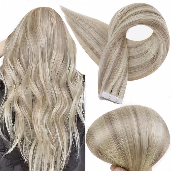 Full Shine Tape ins Human Hair Extensions Color 18 Ash Blonde Highlight 613 Blonde Tape in Hair Extensions 24Inch Invisible Remy Skin Weft Add Length 40Pcs 100Gram Soft Silky