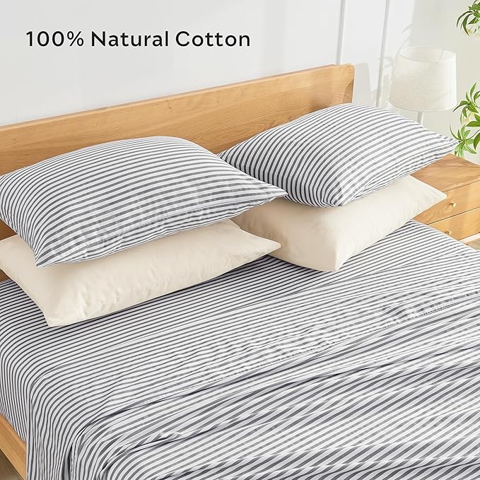 JELLYMONI 100% Natural Cotton Plaid King Pillowcases Set, 2 Pack Dark Gray with White Stripes Pattern Printed Pillow Covers with Envelope Closure(Pillows are not Included)