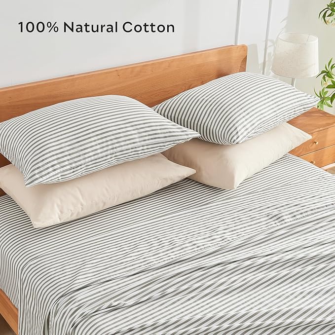 JELLYMONI 100% Natural Cotton Striped Standard Pillowcases Set, 2 Pack White and Grey Stripes Pattern Printed Pillow Covers with Envelope Closure(Pillows are not Included)