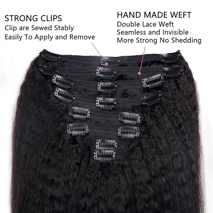 Clip in Hair Extensions Real Human Hair Clip Ins 100% Unprocessed Brazilian Virgin Hair Clip Ins Seamless Kinky Straight Hair Clip in Hair Extensions 8pcs with 18 Clips 120g(22inch)