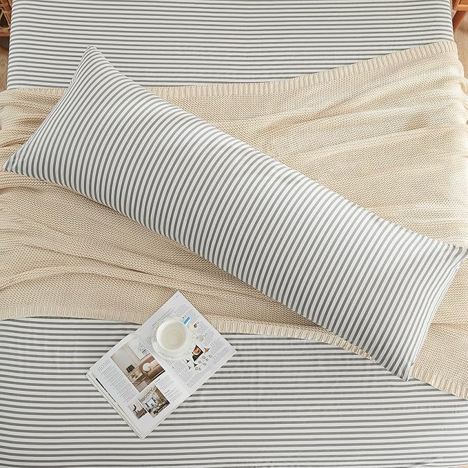 JELLYMONI 100% Natural Cotton Striped Body Pillowcase, 1 Pack White and Grey Vertical Stripes Pattern Printed Pillow Covers with Envelope Closure(Pillows are not Included)