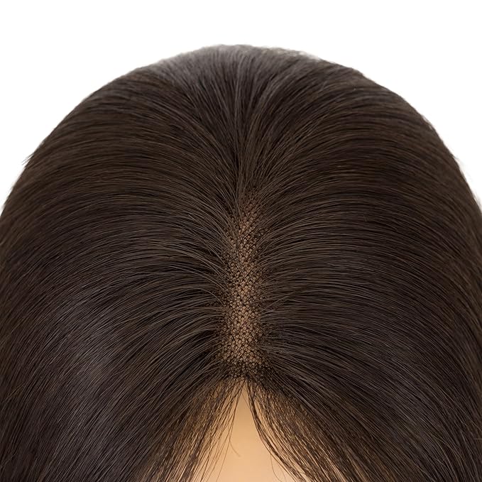 Hairro Human Hair Toppers with Side Bangs, 3D 360° Seamless Real Hair Toppers, Hand-Tied with 3.5"x4.7" U-shaped Base, Clip-In Hairpieces to Add Volume on Top, 12 Inch Dark Brown
