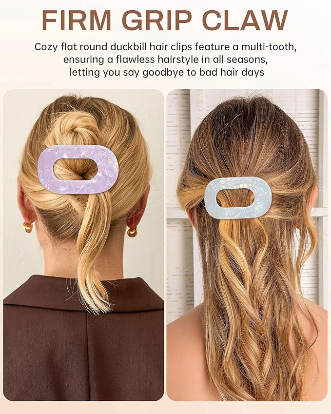 Mesovor 4 Pack French Flat Hair Clips for Women, 3.74" Nonslip Stylish Round Duckbill Lay Flat Hair Claw | Side Slide Volume Flat Hairclips for Lying Down, Yoga, Driving (Mermaid Colorful)