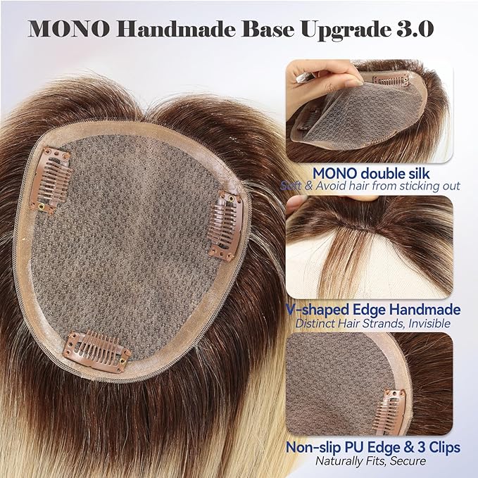 HAIRCUBE Hair Toppers 100% Real Human Hair,Ombre Blonde with Brown Highlight, 5.5"*5"MONO Large Base, 56g Hand-moven Real Human HairToppers for Women with ThinningHair