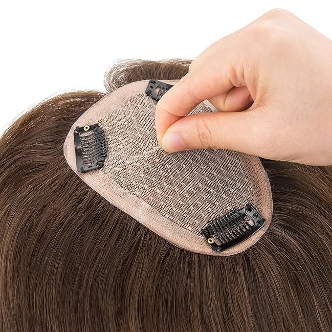 Hairro Human Hair Toppers Free Parted, 3.5x4.7" Base Hand-wovened 100% Real Hairpieces, with Invisible Clips-in for Women, for High Hairline/Adding Volume on Top, 12 Inch Dark Brown