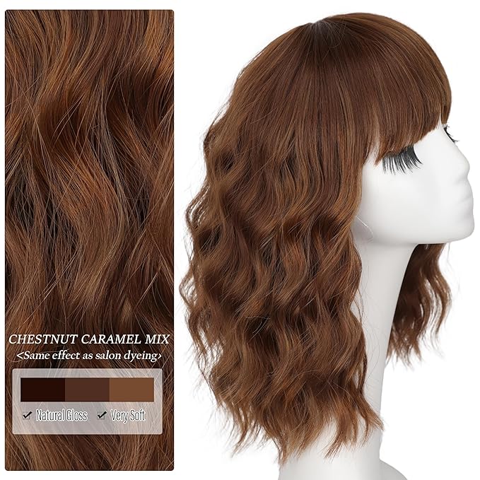 Nnzes Short Wavy Bob Wig with Bangs for Women Shoulder Length Curly Soft Chestnut Caramel Mix Synthetic Heat-Resistant Fiber Hair for Daily & Party Use
