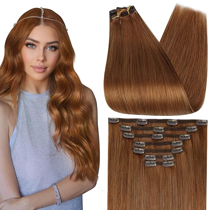 Full Shine Auburn Hair Extensions Real Human Hair Auburn Clip in Extensions for Short Hair for Bob 12 Inch 7 Pcs 95 G