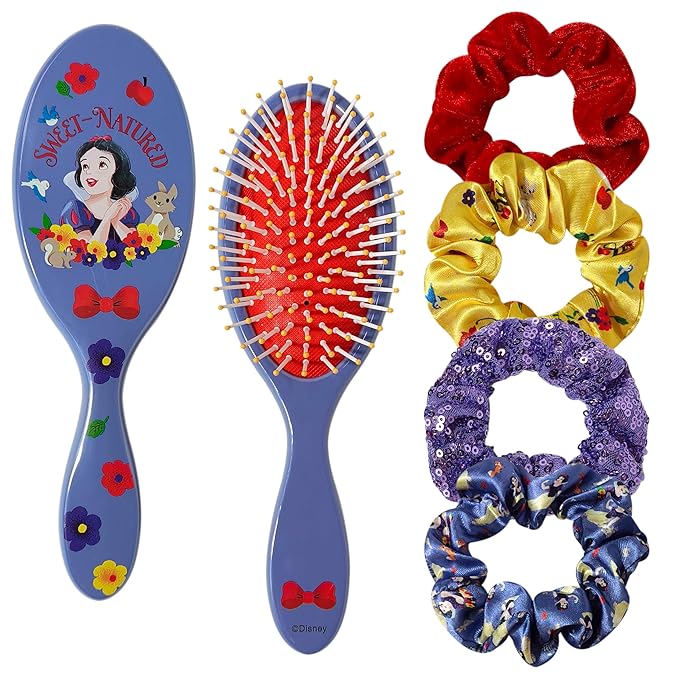 LUV HER Disney Princess Snow White Hair Accessory Set – 5 Pieces: 1 Detangling 9-inch Hairbrush & 4 Scrunchies, Elastic Hair Ties, Ages 3+