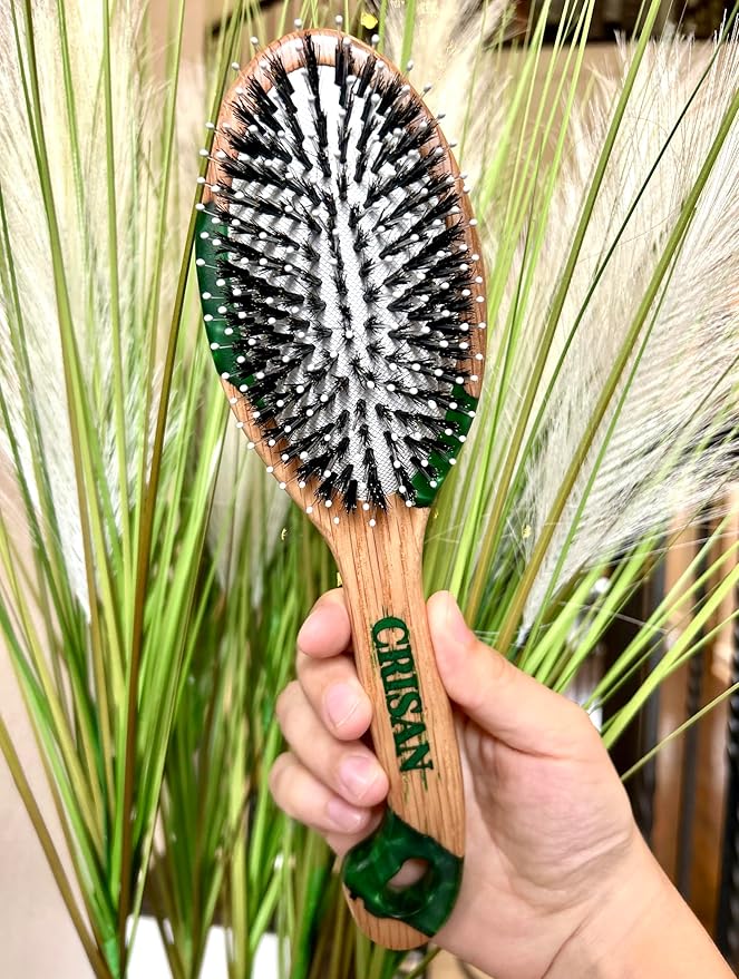 CRISAN Everlasting Hair Brush, Hand Carved Oak Wood and Resin Handle, 3 Interchangeable Bristles - Mixed, Boar, and Nylon (Emerald)