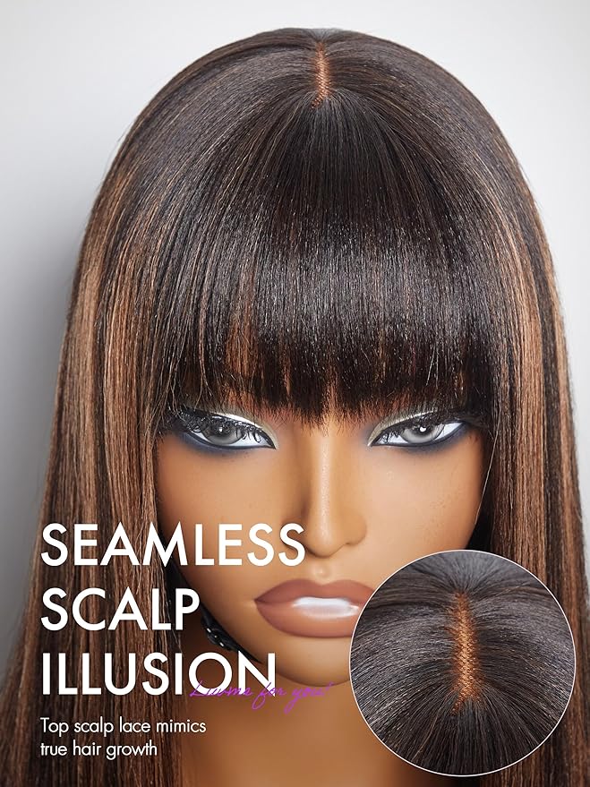LUVME HAIR 14 Inch Yaki Straight Bob Wig with Bangs Human Hair Glueless HD Lace Bob Wig with Brown Highlights, Ready to Go Short Wigs For Women 180 Density Breathable Cap