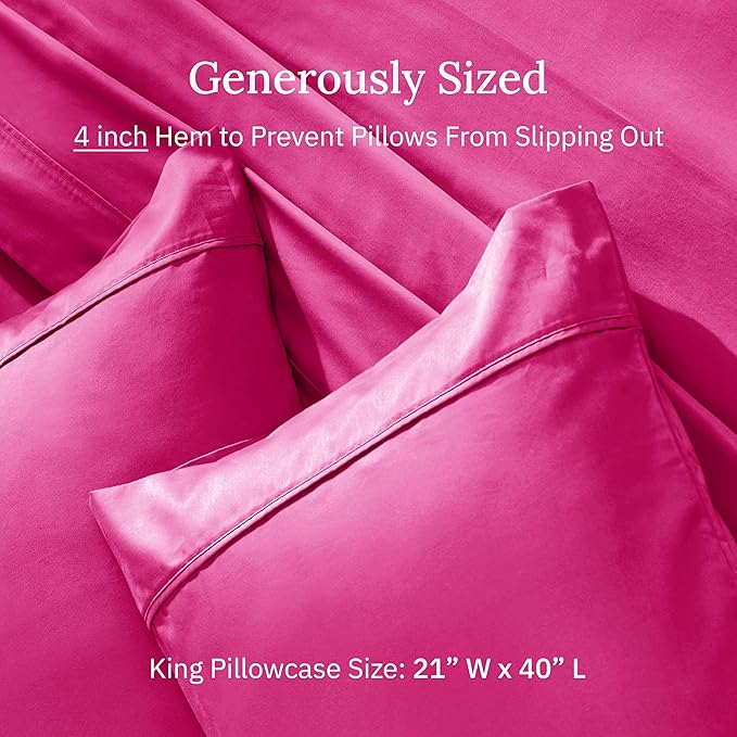 California Design Den King Size Pillowcases Set of 2-400 Thread Count Sateen, Natural 100% Cotton King Size Pillows Cases, Soft, Roomy and Breathable - Hot Pink