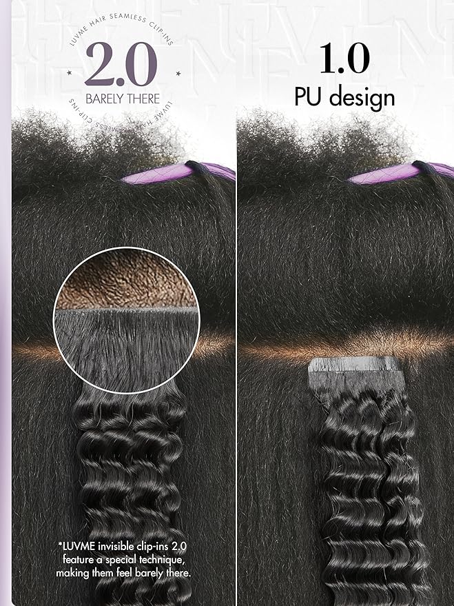 LUVME Invisible Clip ins Hair Extensions Deep Kinky Curly Real Human Hair Remy Hair Clip ins for Women, Natural Human Hair,24 inch 2 Pack 220g 12Pcs, Natural Black