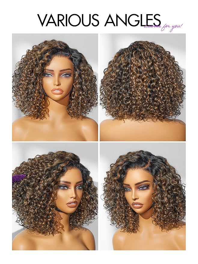 LUVME HAIR 100% Human Hair Wigs Curly Deep Wave Glueless Lace Front 12 Inches Pre Cut Plucked Hd Lace Short Wig Ready To Go Highlight Color Straight Bleached Knots Side Part Black Wigs