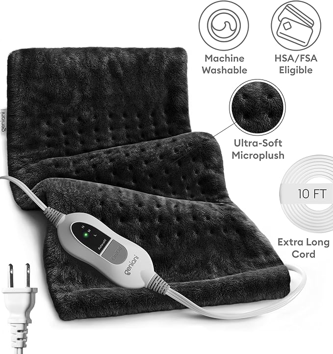 GENIANI XL Electric Heating Pad for Back Pain & Cramps Relief, Electric Throw, Birthday Christmas Gifts for Women, Men Auto Shut Off, Machine Washable, Heat Pad for Neck & Shoulder (12'‘×24" Black)
