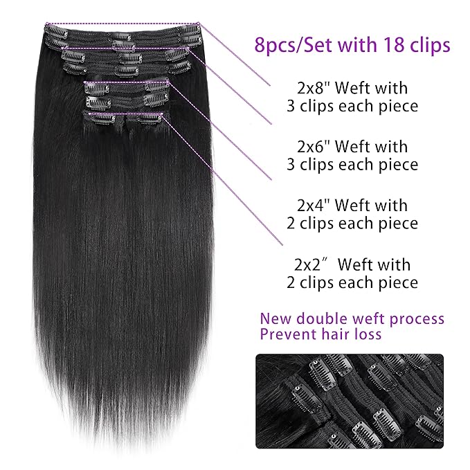 24 Inch Yaki-Straight Clip ins Real Human Hair Clip in Extensions For Women Brazilian Clip on Hair Extensions Real Human Hair Virgin Hair Extensions(24 Inch)