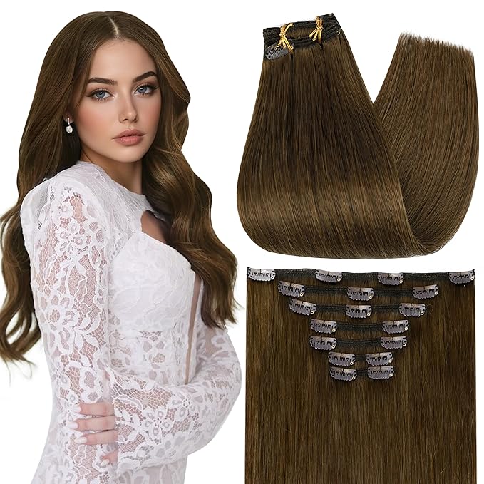 Full Shine Real Human Hair Extensions Clip ins Light Brown Clip in Human Hair Extensions for Fine Short Hair for Raving 14 Inch 7 Pcs 120 G