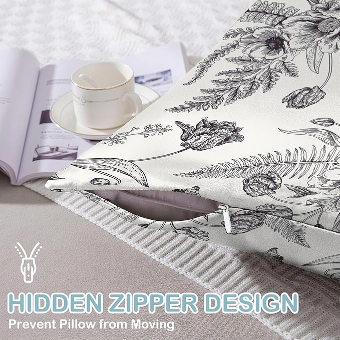 Satin Pillowcase 1 Pack-Black and White Peony Tulips Vintage Floral Silky Pillow Cover for Hair and Skin,King Size 20x36 Inch Soft Cooling Printed Pillow Cases with Hidden Zipper,Gifts for Women Men
