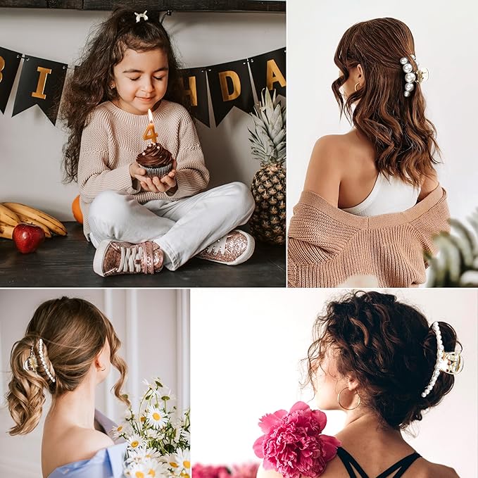 Pearl Hair Accessories for Women - 6PCS Claw Clips for Thick and Thin Hair, Barrettes for Styling and Weddings