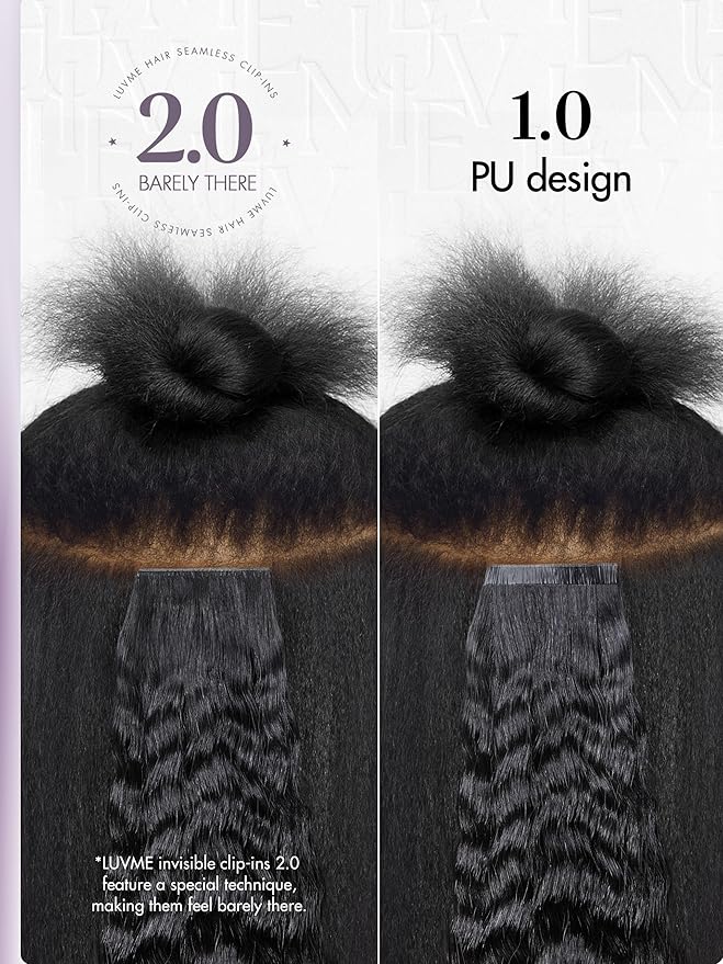 LUVME Invisible Clip in Hair Extensions, Kinky Straight Real Human Hair 24 Inch 2 Pack 220g 14pcs Clip ins Hair Extensions Natural Black for Women