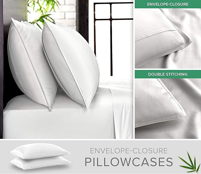 Queen Pillowcases by Pure Bamboo, Genuine 100% Organic Viscose Derived from Bamboo, Luxuriously Soft & Cooling, Double Stitching, Envelope Closure (2 Queen Pillowcases, White)