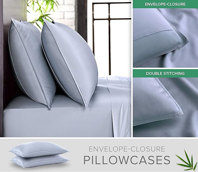King Pillowcases by Pure Bamboo, Genuine 100% Organic Viscose Derived from Bamboo, Luxuriously Soft & Cooling, Double Stitching, Envelope Closure (2 King Pillowcases, Sterling Blue)