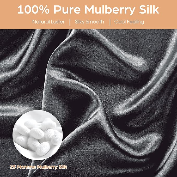 Silk Pillowcase for Hair and Skin, 2 Pack 100% Mulberry Silk Pillowcase 25 Momme, 600 Thread Count, Both Side Pure Silk Pillow Cover with Hidden Zipper (BlackGray, King 20''×36'')