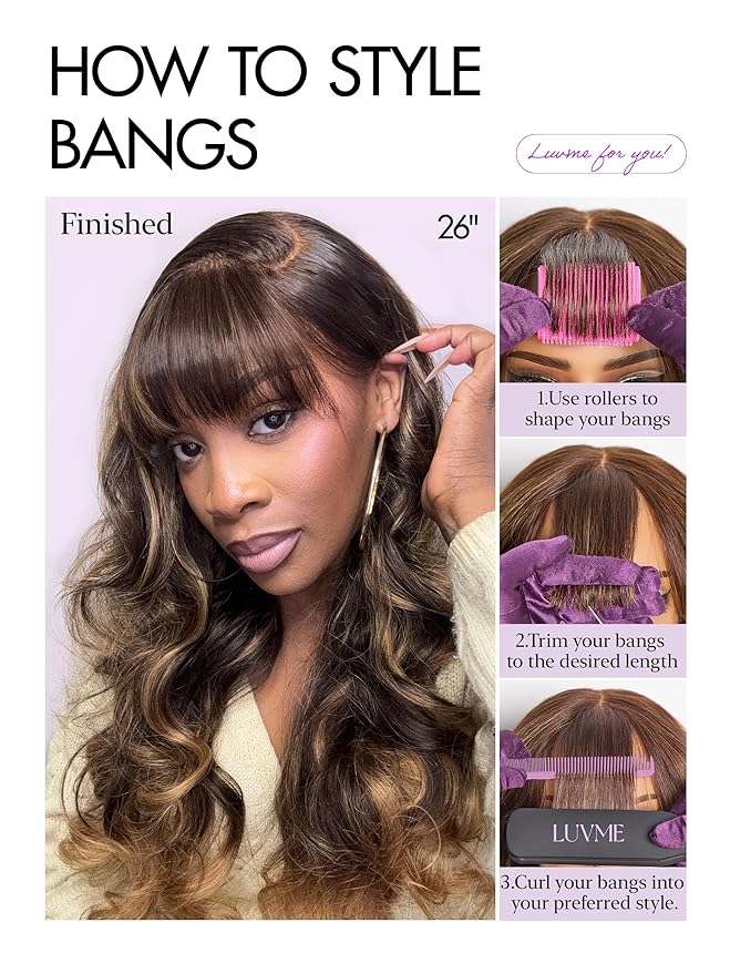LUVME HAIR 7x6 HD Lace All-Day Comfort Wig with Bangs 200% Density Hair Lace Wigs Ombre Blonde Highlight Loose Body Wave Lace Front Wigs Human Hair Pre Cut Plucked Glueless 18 Inches