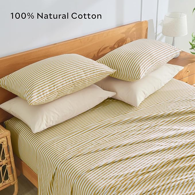 JELLYMONI 100% Natural Cotton Striped King Pillowcases Set, 2 Pack White and Yellow Stripes Pattern Printed Pillow Covers with Envelope Closure(Pillows are not Included)