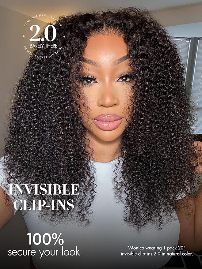 LUVME Invisible Clip ins Hair Extensions Deep Kinky Curly Real Human Hair Remy Hair Clip ins for Women, Natural Human Hair, 16 inch 110g 6Pcs, Natural Black
