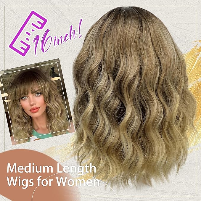 Nnzes Short Wavy Bob Wig with Bangs for Women Shoulder Length Curly Brown Ombre Blonde Synthetic Heat-Resistant Fiber Hair for Daily & Party Use