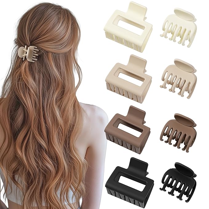 Matte Hair Clips for Women, 8PCS Medium Hair Clips for Thin/Thick Hair Rectangle Hair Claw Double Row Small Claw Clips Non-Slip Hair Accessories
