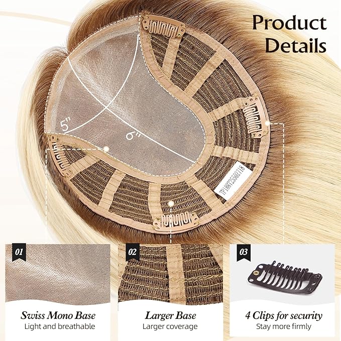 Large MONO Top Hair Toppers for Women Remy Human Hair 14 Inch 6"x7" Big Base Partial wig Cover Thinning Hair or Loss No Bangs Natural Wiglets(Light Blonde Mixed Brown)