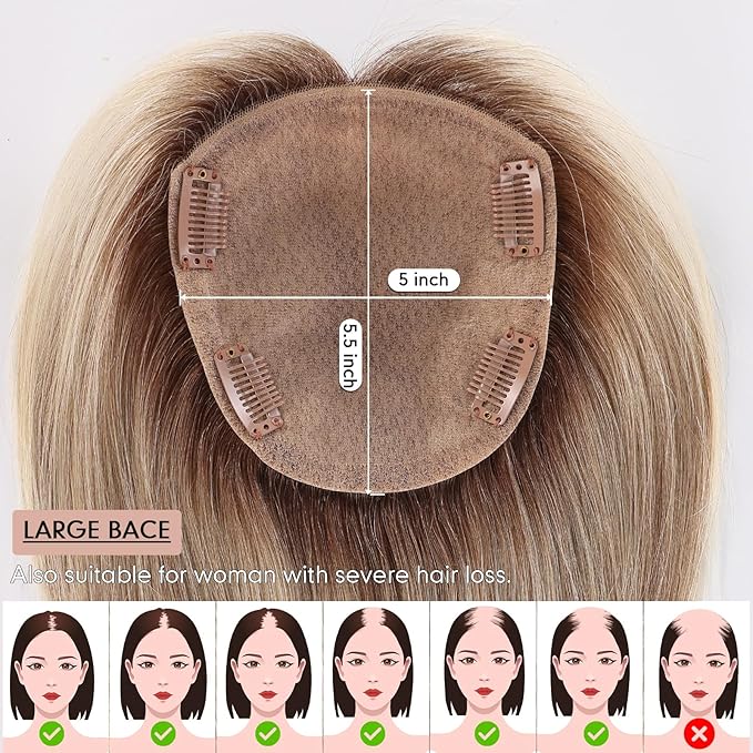 starluck Hair Toppers for Women Real Human Hair 5"*5.5"Large Coverage Gray Brown & Platinum Blonde No Bangs 100% Real Human Hairtoppers for Women with Thinning Hair Cover Gray Roots