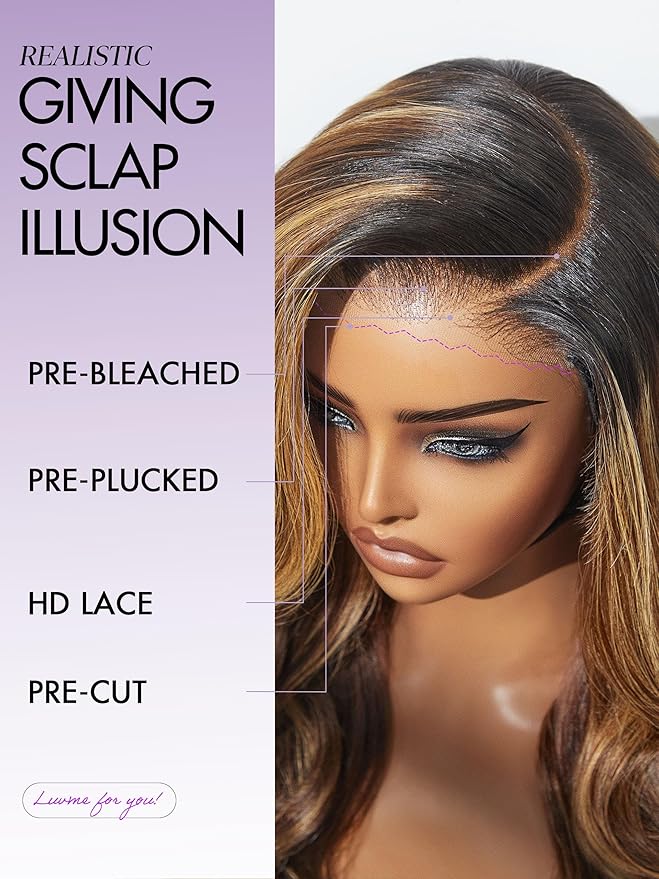 LUVME HAIR 7x6 HD Lace All-Day Comfort Wig 200% Density Hair PartingMax Lace Wigs Highlight Color Loose Body Wave Lace Front Wigs Human Hair Pre Cut Plucked Lace Frontal Glueless 16 Inches Mix Brown
