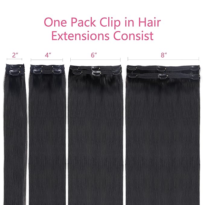 Clip in Hair Extensions Real Human Hair Clip ins Remy Human Hair Black Women Natural Black Straight Seamless Clip on Hair Extensions 120 Gram(24inch,#1B)