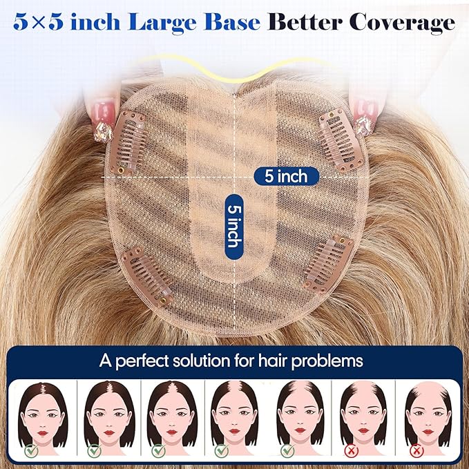 HAIRCUBE Hair Toppers For Women With Thinning 5"*5" Large Base Real Hair Toppers For Women, 14 Inch For Hand-Woven, 60g, Silk, Natural, Realistic, Use Daily, Hairloss,Brown Mixed Blonde, No bangs