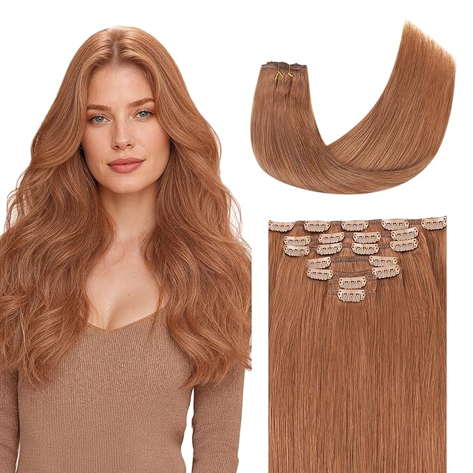 GOO GOO Clip in Hair Extensions Real Human Hair, Remy Human Hair Extensions Clip ins for Women, Natural Human Hair, 18inch 120g 7 Pcs, #330 Cinnamon Terra Copper