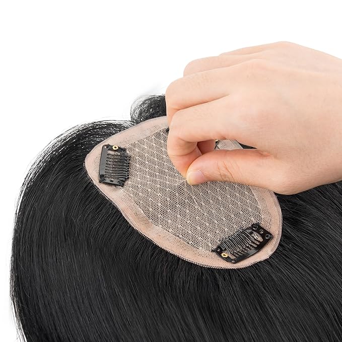 Hairro Human Hair Toppers Free Parted, 3.5x4.7" Base Hand-wovened 100% Real Hairpieces, with Invisible Clips-in for Women, for High Hairline/Adding Volume on Top, 10 Inch Jet Black
