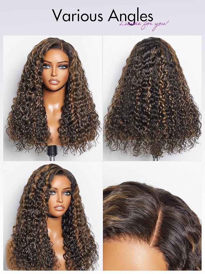 LUVME HAIR 22 Inch Highlight Brown Curly Lace Front Wig Human Hair Pre Cut Lace Glueless 5X5 Closure Wig Pre Plucked For Women 180 Density