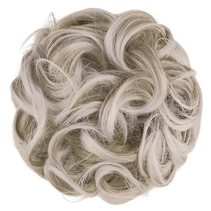 FESHFEN Messy Bun Hair Piece - Large Elastic Wavy Curly Hair Bun Scrunchies Ponytail Extensions Synthetic Chignon Hairpieces for Women, Silver Blonde 1.94oz